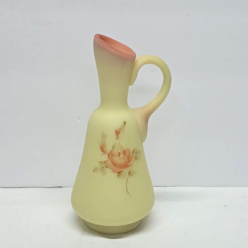Fenton‎ Custard Burmese Uranium Rose Cruet Hand Painted Vintage 70s Glows in UV